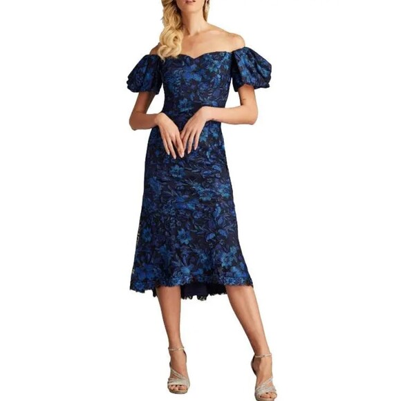 Tadashi Shoji Dresses & Skirts - Tadashi Shoji Embroidered Floral Off-The-Shoulder Midi Dress Blue Black Size 14